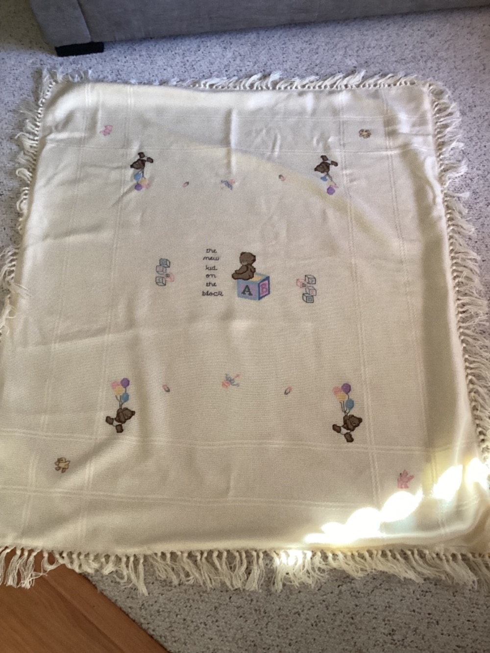 Handmade Baby Cross Stitched Afghan ‘New Kid on the Block’